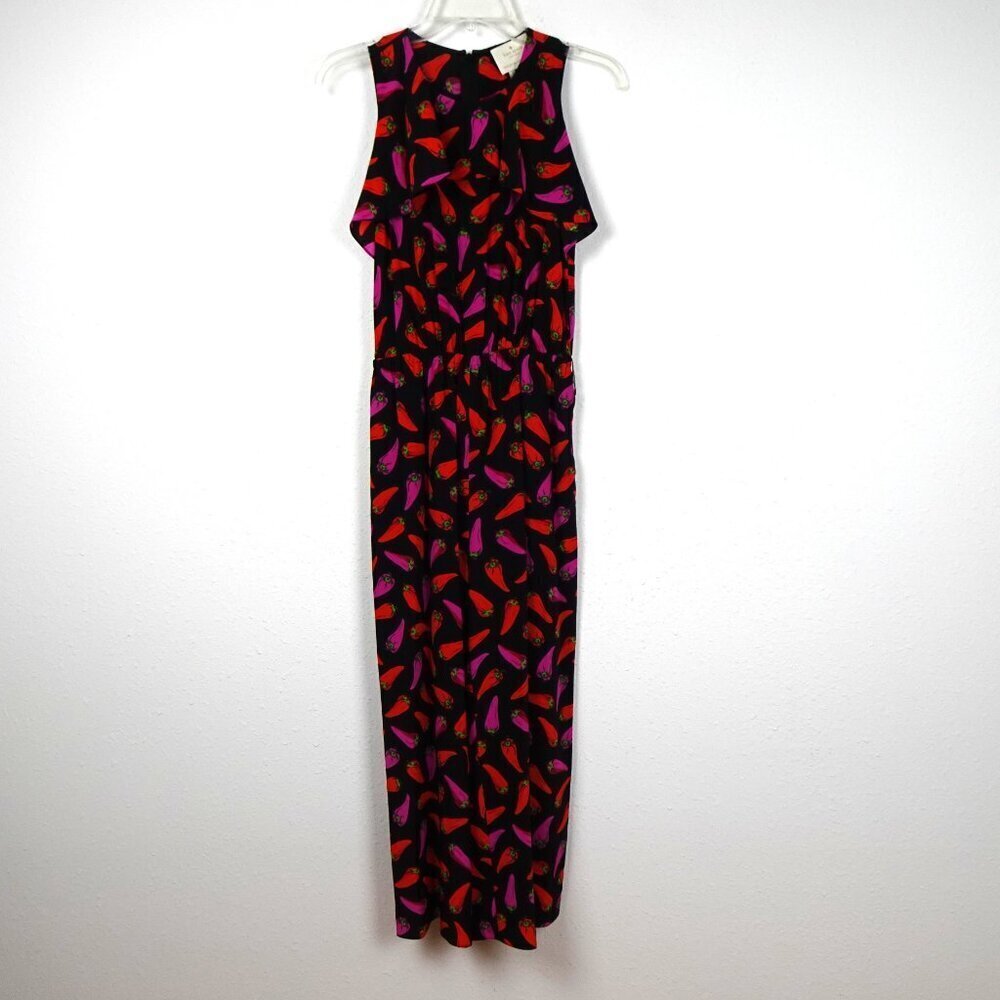 Kate Spade Silk Jumpsuit Size 0 Hot Pepper Print Cropped Black Multicolor - Picture 3 of 12